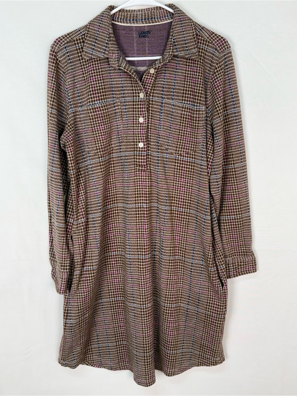 Lands' End Brown Plaid Shirt Dress